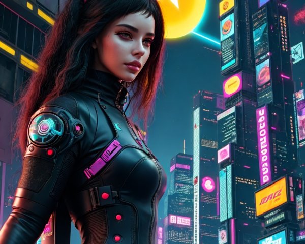 Futuristic Cityscape with Confident Woman in Tech Suit