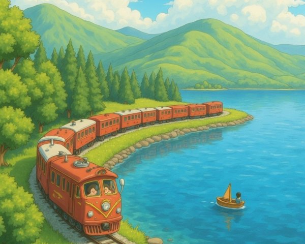 Vibrant Animated Landscape with Train by Lakeside