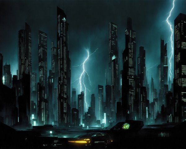 Futuristic cityscape with neon skyscrapers and storms