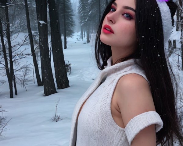 Young woman in snowy forest with stylish winter attire