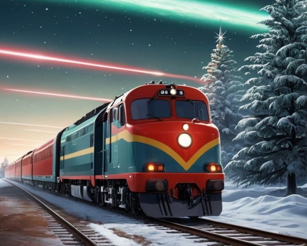 Christmas Train in Winter Wonderland with Aurora Borealis