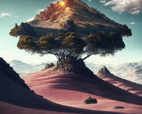 Surreal Landscape with Floating Mountain and Tree Roots