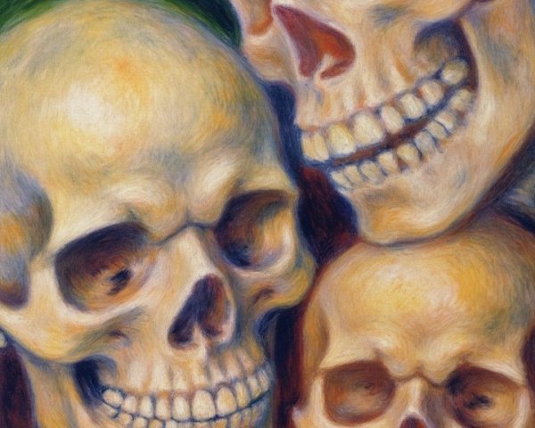 Three Smiling Skulls in Oil Painting with Floral Beret