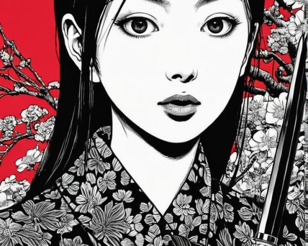 Portrait of a Young Woman in a Floral Kimono with Sword