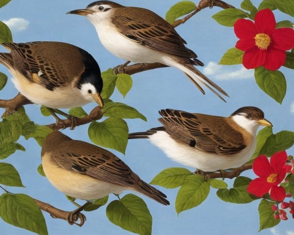 Vibrant Illustration of Birds on Flowering Branches