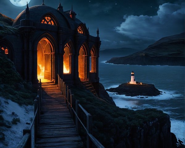 Gothic Structure Under Full Moon with Lighthouse Nearby