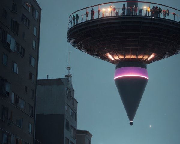 Futuristic UFO Over Snowy Landscape with Vibrant Lights