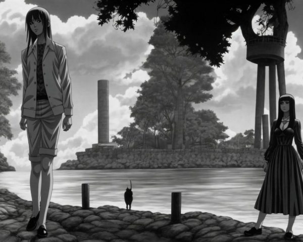 Monochrome Scene of Figures by Serene Riverside