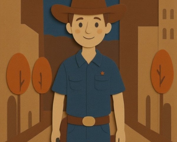 Whimsical Cowboy Illustration on City Street at Night