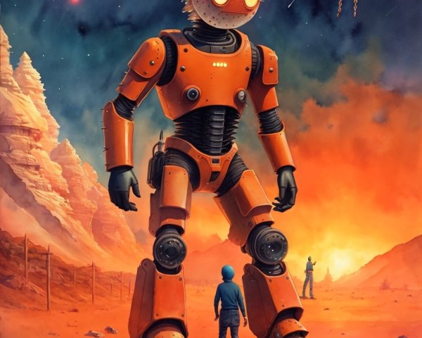 Giant Orange Retro Robot on Red Planet with Boy