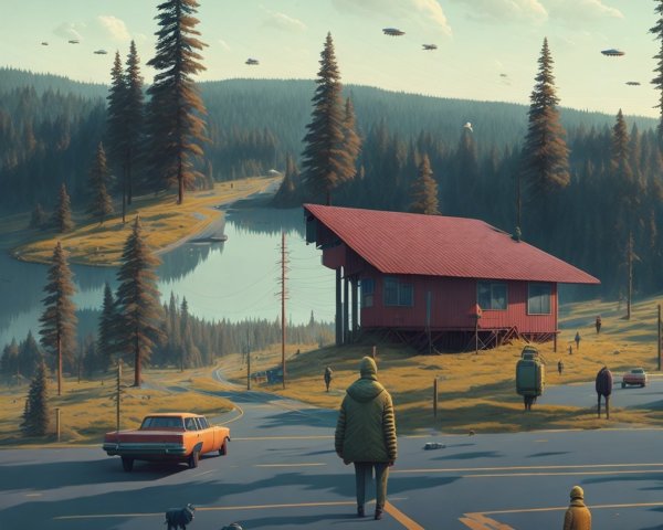 Surreal Landscape with Cabin, Lake, and UFOs