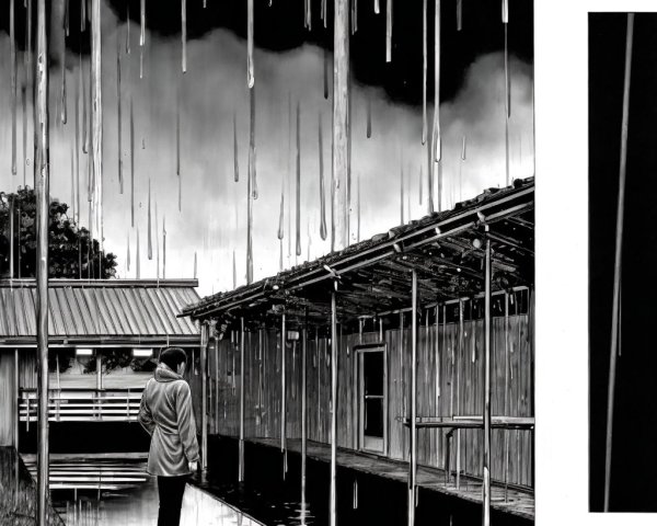 Lone Figure on Wooden Pathway in Rainy Atmosphere