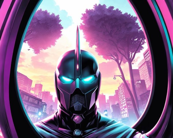 Futuristic superhero in black armor against city skyline