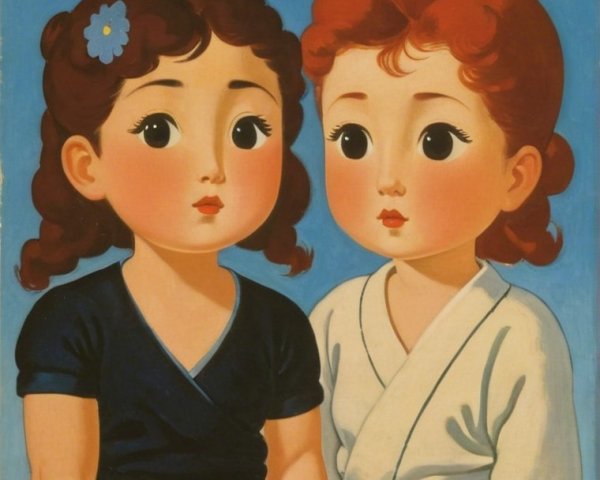 Stylized Young Girls with Lanterns on Blue Background