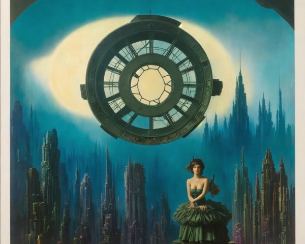 Surreal Cityscape with Woman in Green Dress