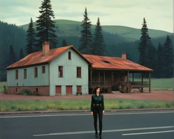 Woman on Road by Rustic House in Lush Landscape