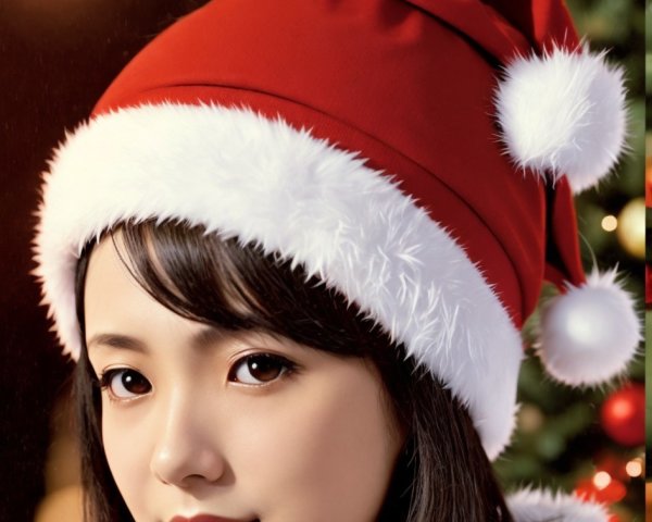 Woman in Santa Hat with Festive Background Lights