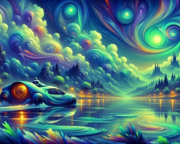 Vibrant Dreamlike Landscape with Car by Tranquil Lake