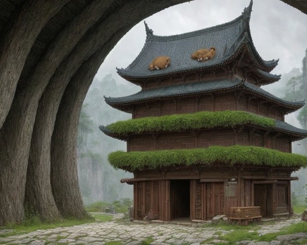 Traditional Asian Pagoda Surrounded by Nature