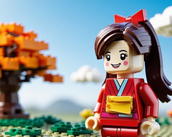 Lego Figure in Kimono Amidst Autumn Landscape