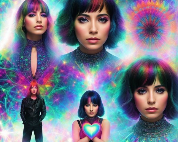 Psychedelic Collage of Woman with Colorful Hair