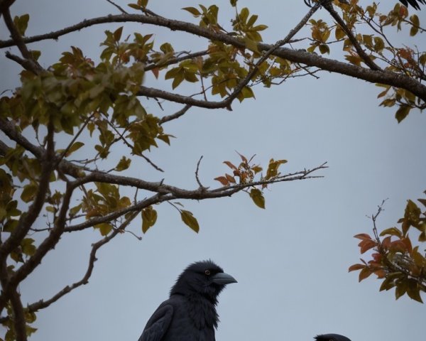 Crows Perched on Tree Branches Against Blue-Gray Sky