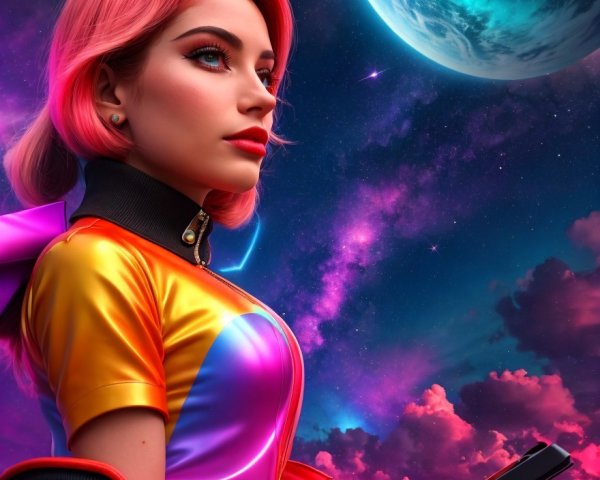Futuristic scene with a woman in a cosmic setting