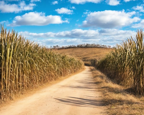 Dirt Road Through Grassy Landscape Under Blue Skies