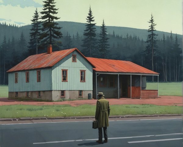 Man in Brown Coat Gazing at Rustic House and Pines