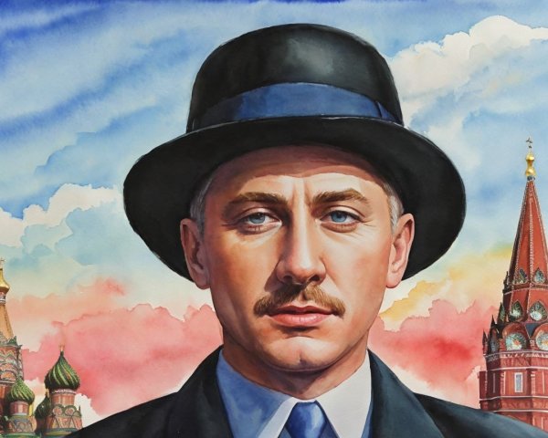 Watercolor Painting of Man with Bowler Hat and Cathedral