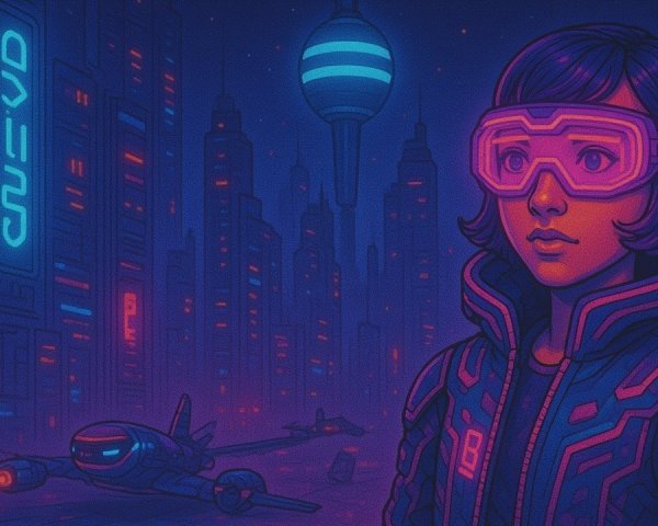 Futuristic cityscape with neon lights and aircraft