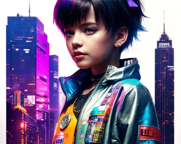 Young girl in reflective jacket against neon skyline