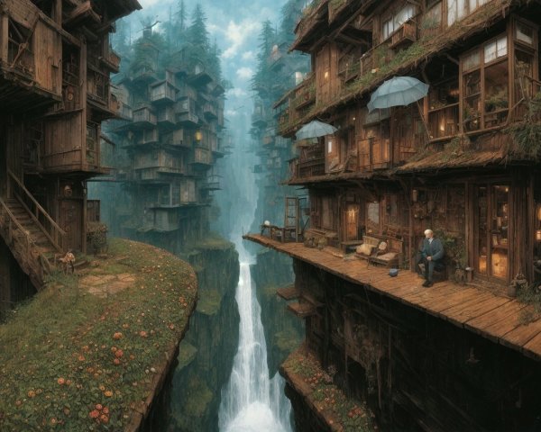 Surreal Multi-Level Village in a Lush Canyon