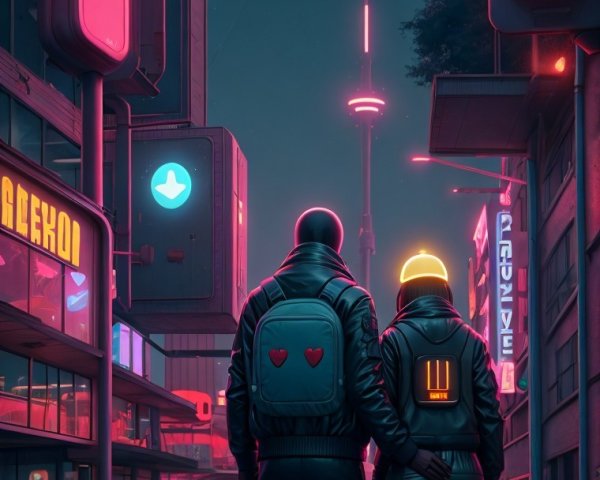 Futuristic Cityscape with Neon Colors and Figures