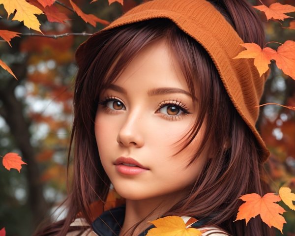 Young Woman in Autumn Leaves with Orange Hat
