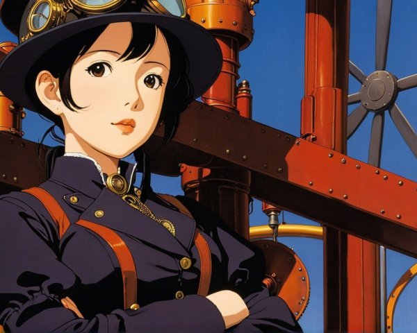 Young Woman in Steampunk Setting with Machinery
