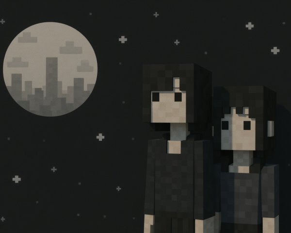 Pixelated Figures Under a Stylized Moonlit Sky