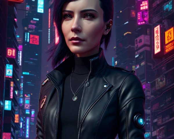 Young Woman in Futuristic Neon Urban Landscape