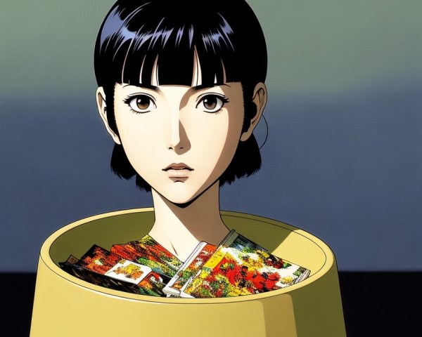 Surreal Illustration of Woman in Yellow Bowl with Cards