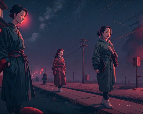 Traditional Kimono Women in Serene Night Scene