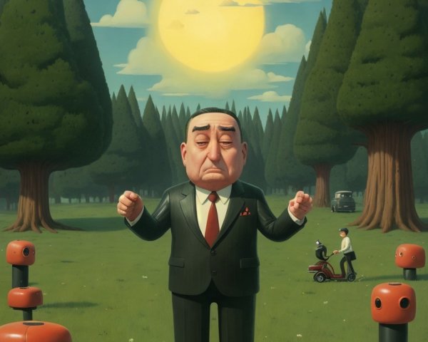 Character in Suit Surrounded by Whimsical Robots in Park