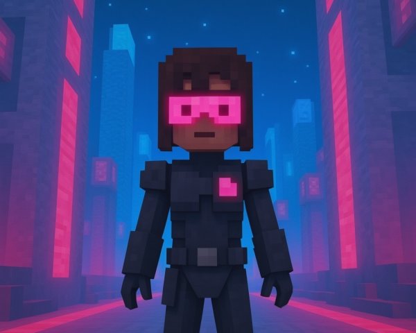 Pixelated Character in Futuristic Neon Cityscape