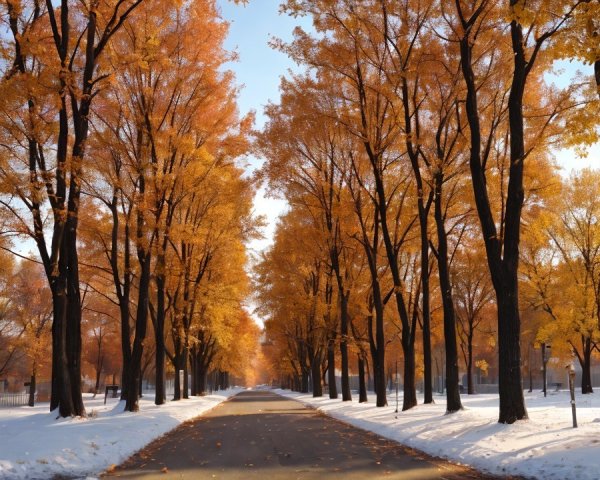 Autumn Pathway with Orange Leaves and Snow Dusting