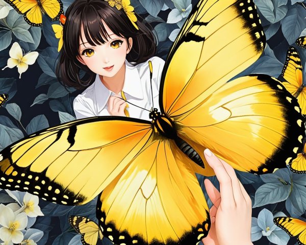 Young Woman Surrounded by Butterflies and Flowers
