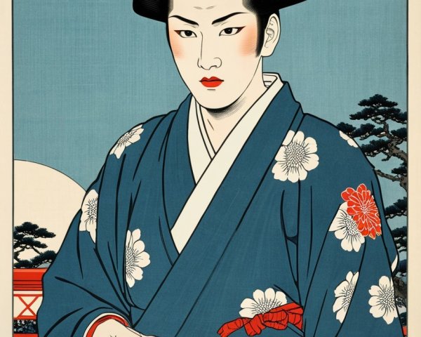 Traditional Japanese Ukiyo-e Print of Woman in Kimono