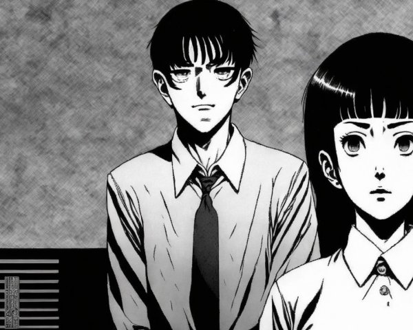 Black-and-white illustration of two seated characters