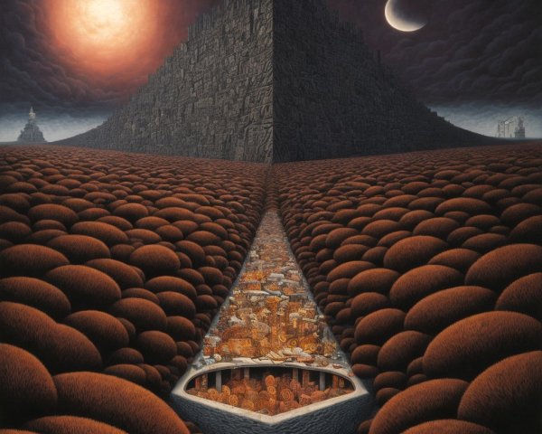 Surreal landscape with jagged mountains and golden valley