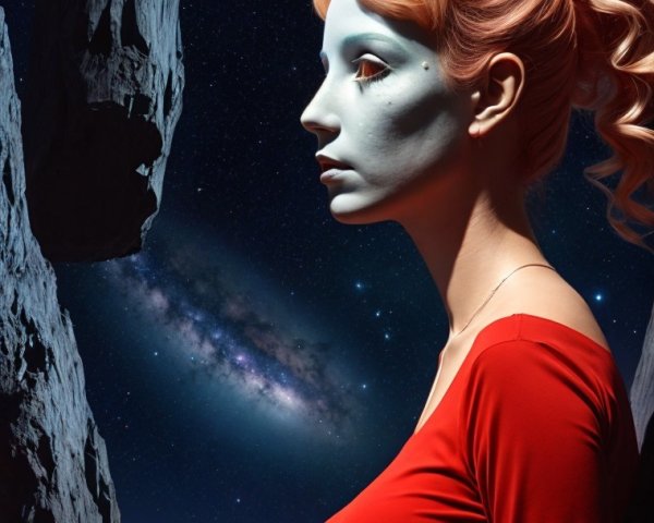 Serene Figure in Red Dress Against Cosmic Backdrop