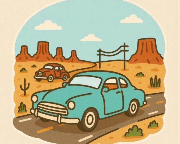 Vibrant Blue Car on Desert Road with Mesas and Clouds