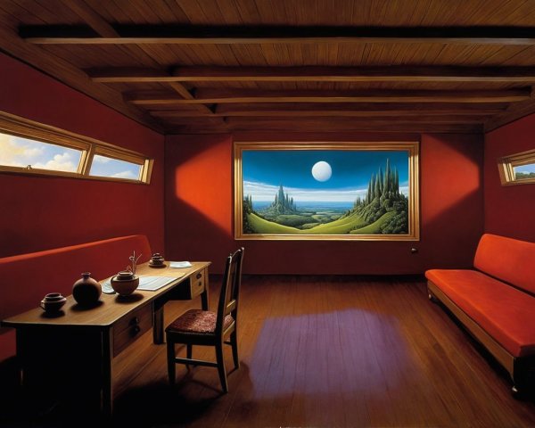 Cozy Minimalist Room with Deep Red Walls and Landscape View